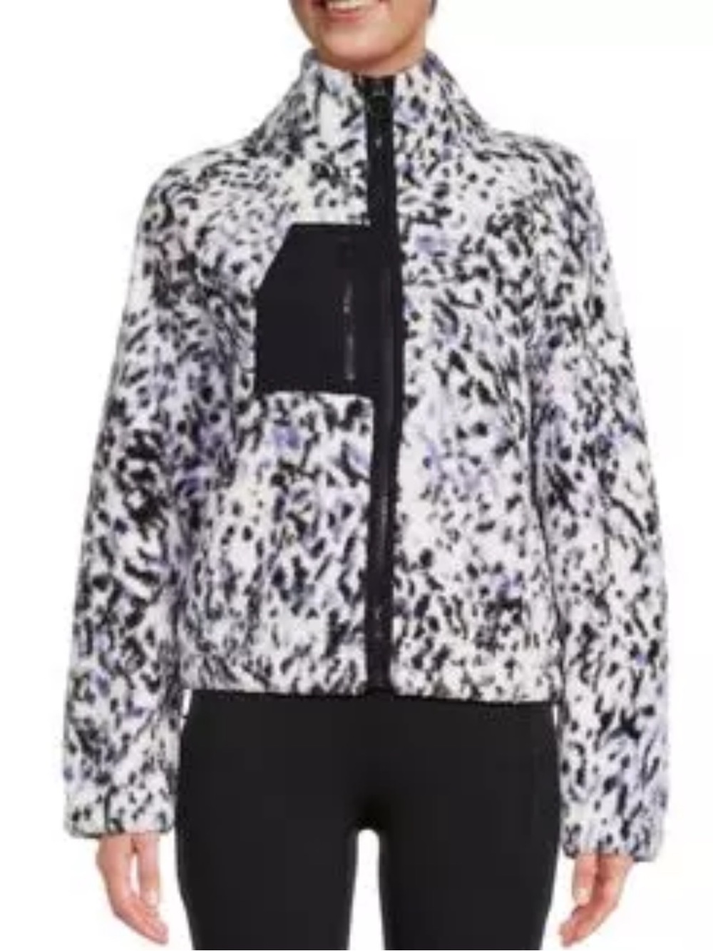 SAGE Women Plush Zip-Up Jacket in White, Black & Blue